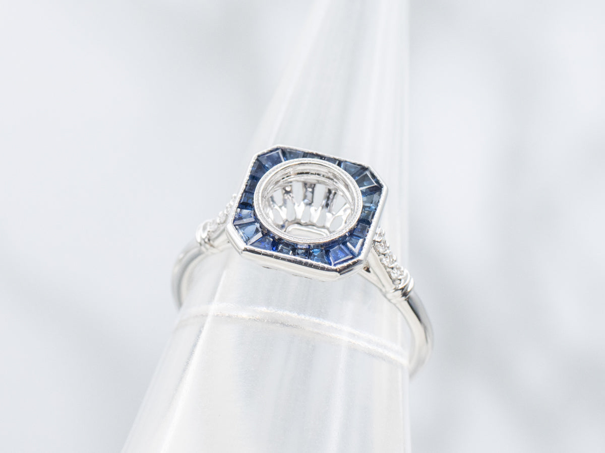 The Old-Orchard Sapphire and Diamond Halo Semi-Mount Ring