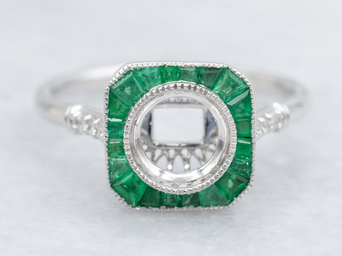 The Old-Orchard Emerald and Diamond Halo Semi-Mount Ring