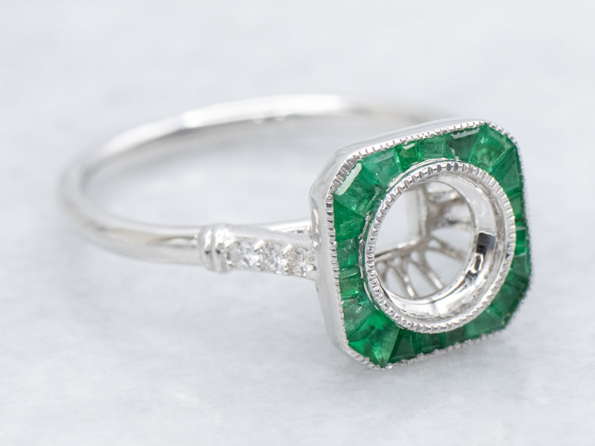 The Old-Orchard Emerald and Diamond Halo Semi-Mount Ring