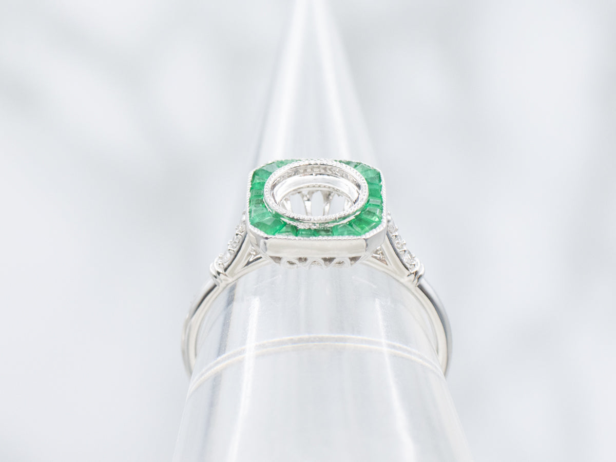 The Old-Orchard Emerald and Diamond Halo Semi-Mount Ring