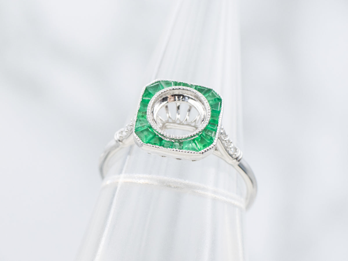 The Old-Orchard Emerald and Diamond Halo Semi-Mount Ring
