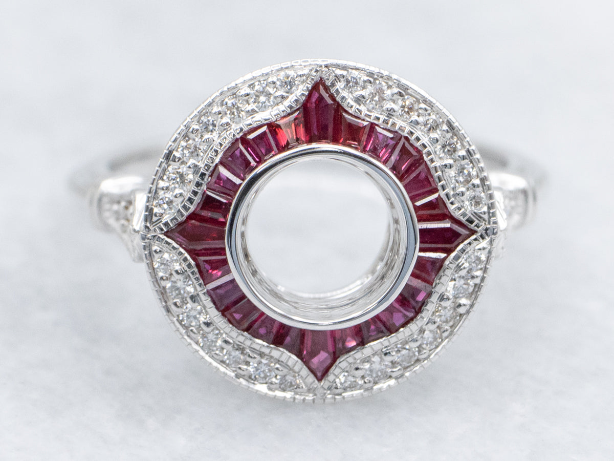 The Quoddy Ruby and Diamond Halo Semi-Mount Ring