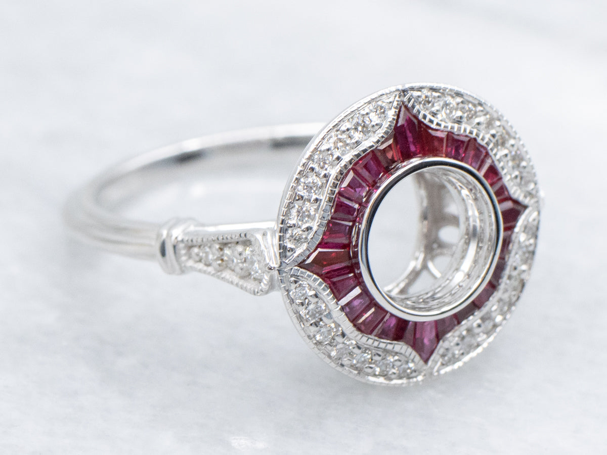 The Quoddy Ruby and Diamond Halo Semi-Mount Ring