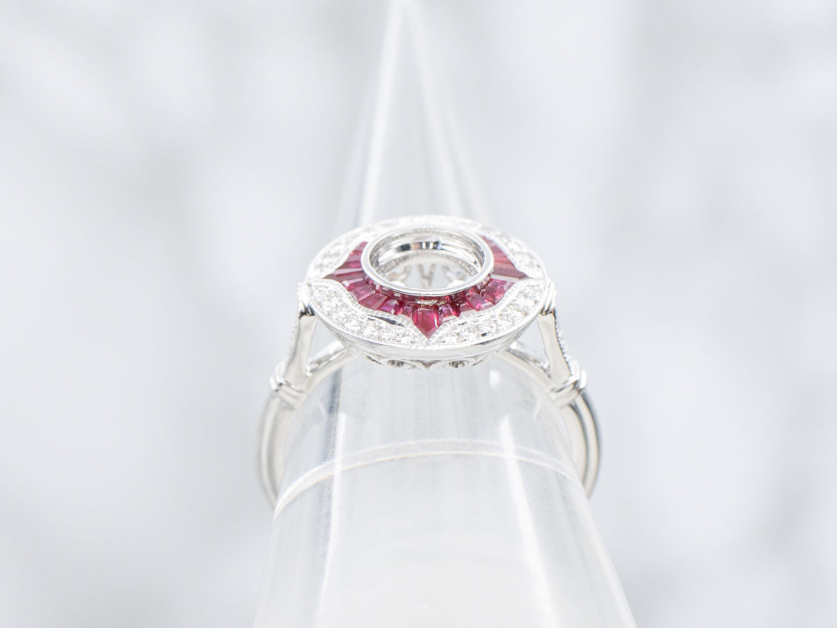 The Quoddy Ruby and Diamond Halo Semi-Mount Ring