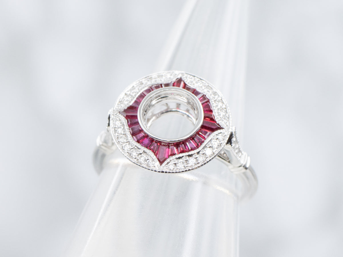 The Quoddy Ruby and Diamond Halo Semi-Mount Ring