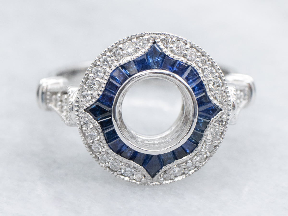The Quoddy Sapphire and Diamond Halo Semi-Mount Ring