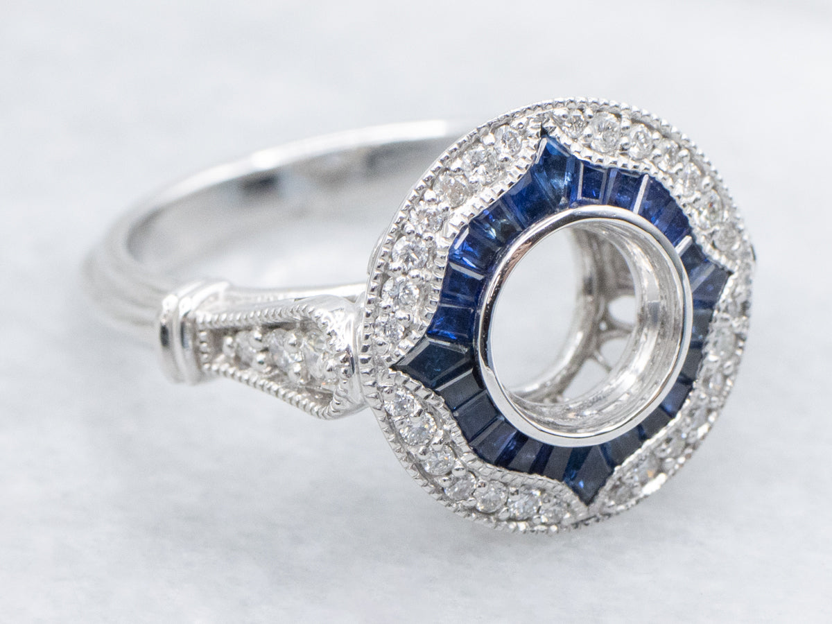 The Quoddy Sapphire and Diamond Halo Semi-Mount Ring
