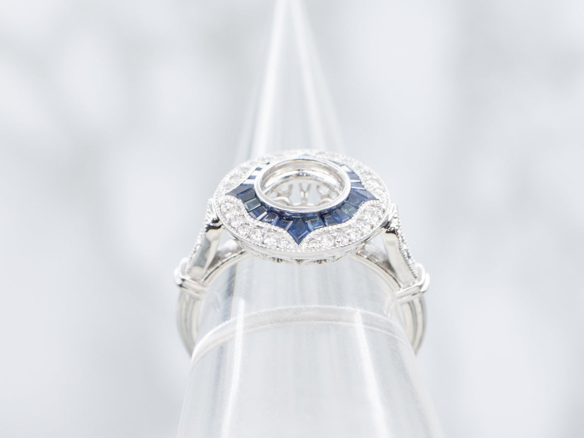 The Quoddy Sapphire and Diamond Halo Semi-Mount Ring