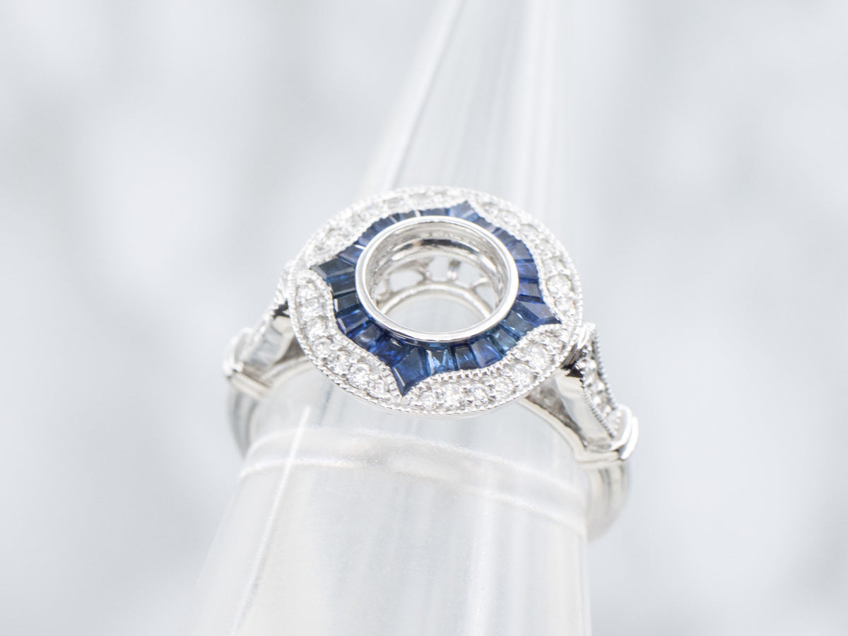 The Quoddy Sapphire and Diamond Halo Semi-Mount Ring