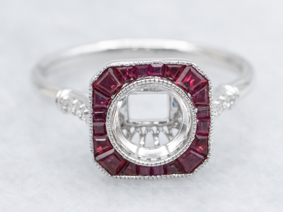The Old-Orchard Ruby and Diamond Halo Semi-Mount Ring