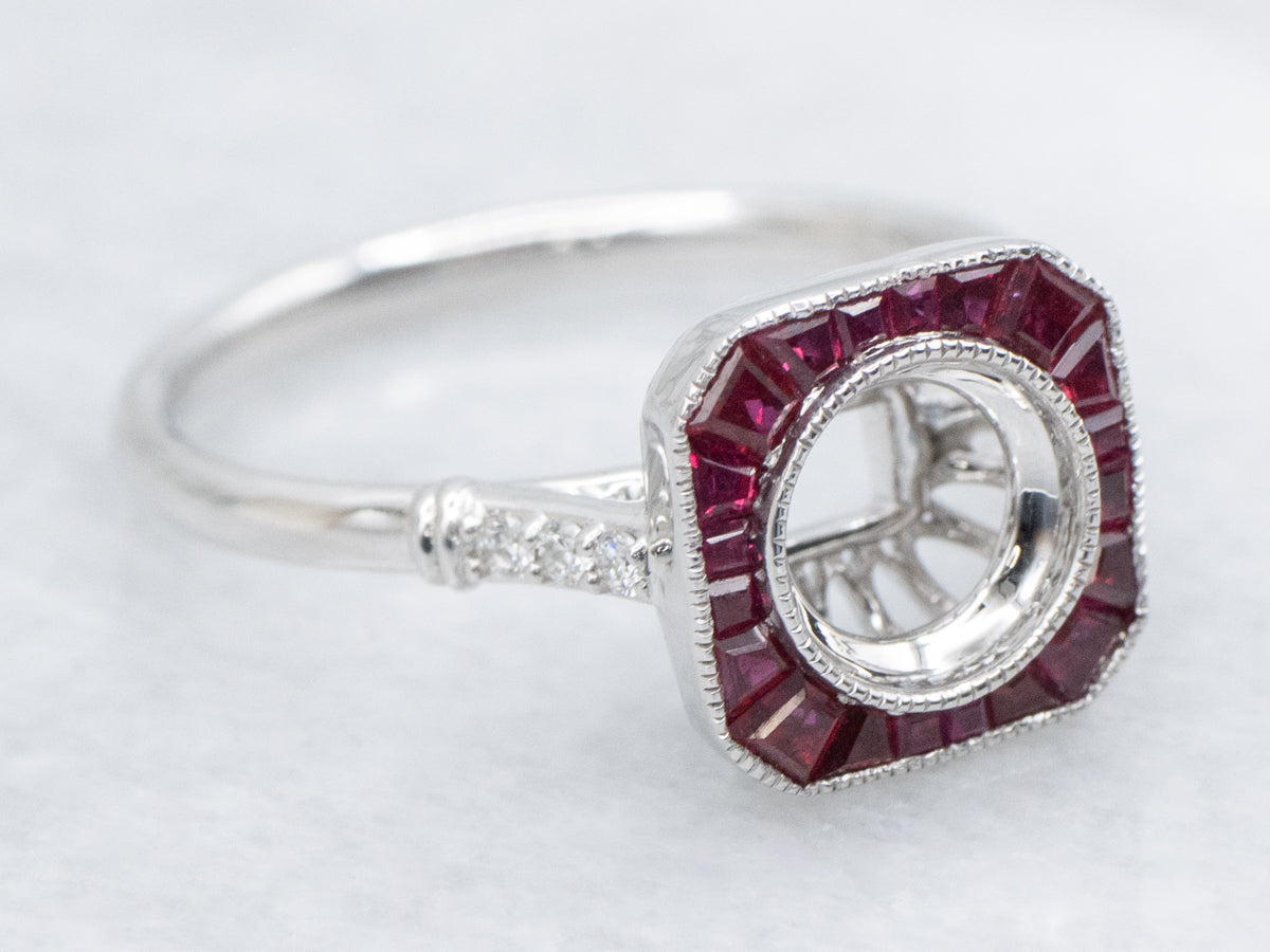 The Old-Orchard Ruby and Diamond Halo Semi-Mount Ring