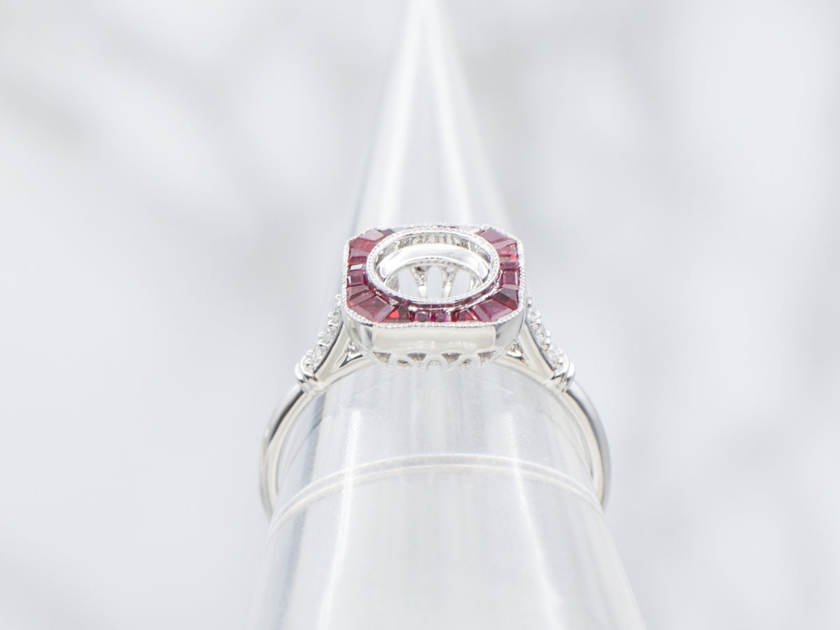 The Old-Orchard Ruby and Diamond Halo Semi-Mount Ring