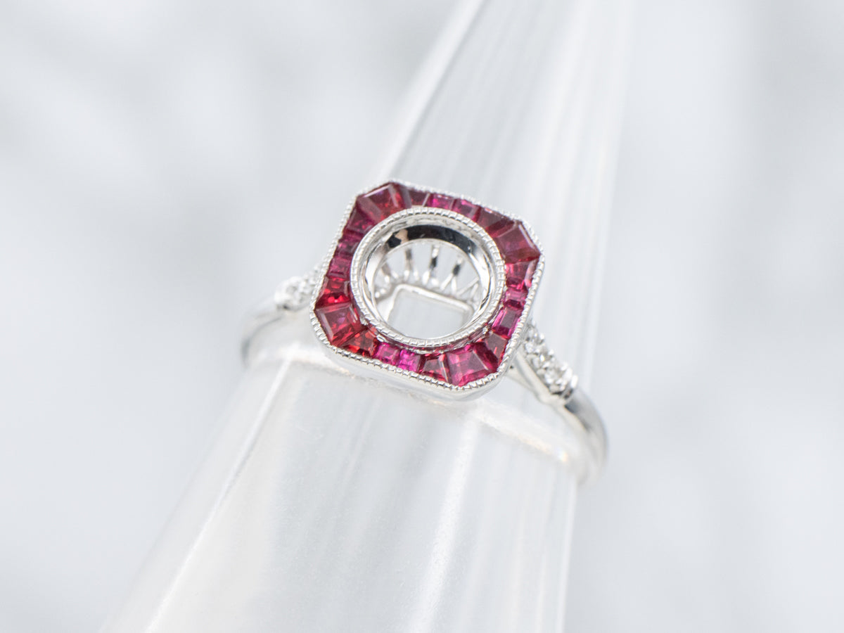 The Old-Orchard Ruby and Diamond Halo Semi-Mount Ring