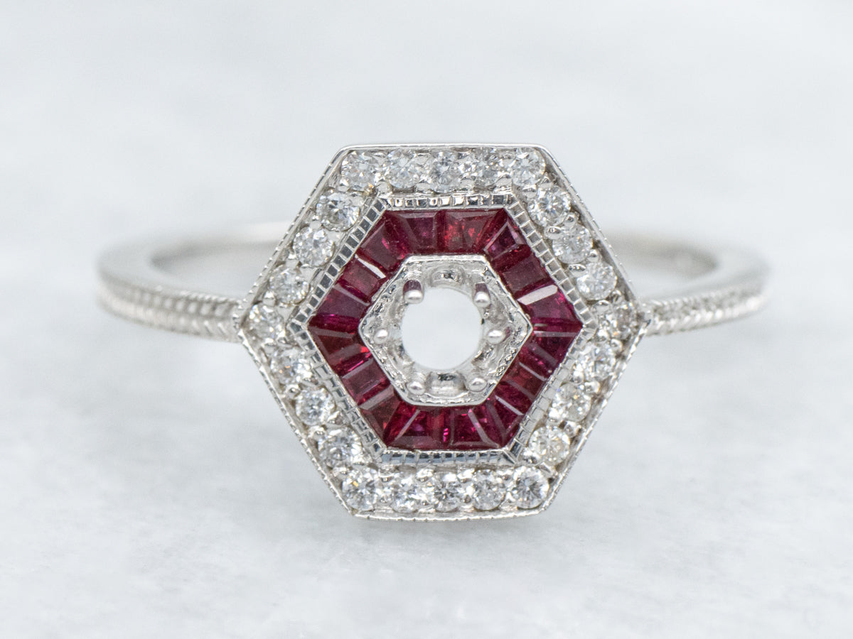The Winslow Ruby and Diamond Halo Semi-Mount Ring
