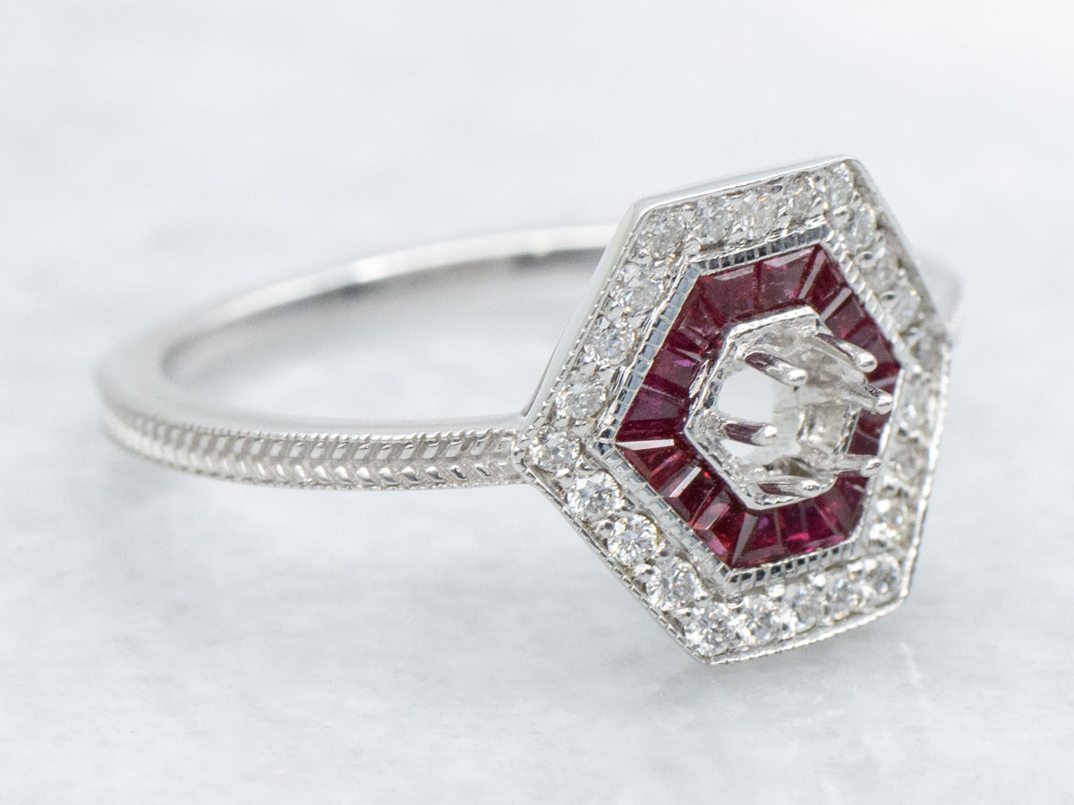 The Winslow Ruby and Diamond Halo Semi-Mount Ring