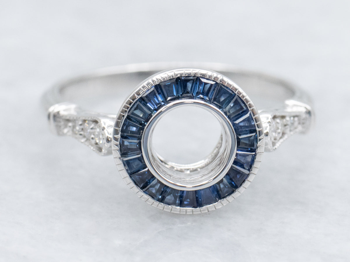 The Fairway Sapphire and Diamond Halo Semi-Mount Ring