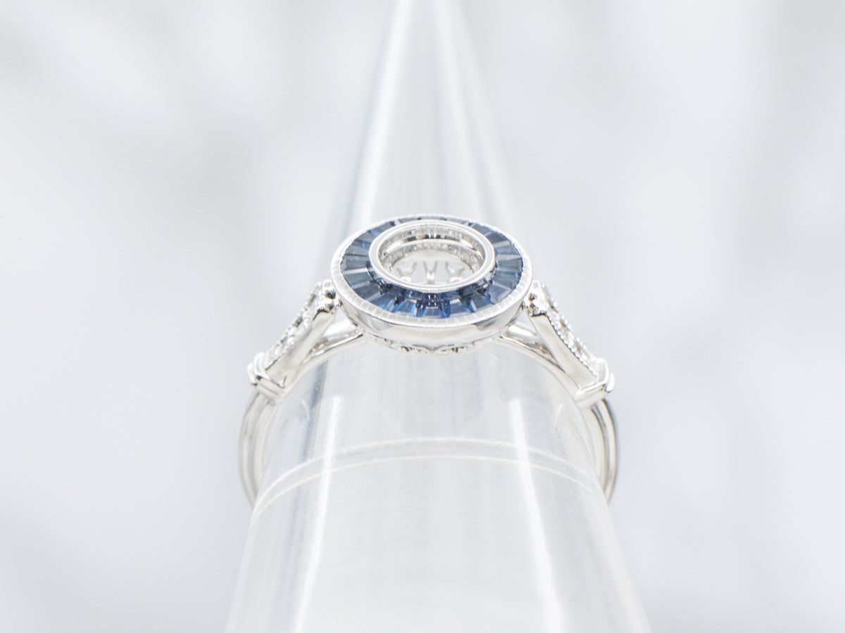 The Fairway Sapphire and Diamond Halo Semi-Mount Ring
