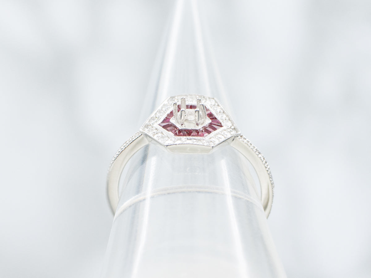 The Winslow Ruby and Diamond Halo Semi-Mount Ring