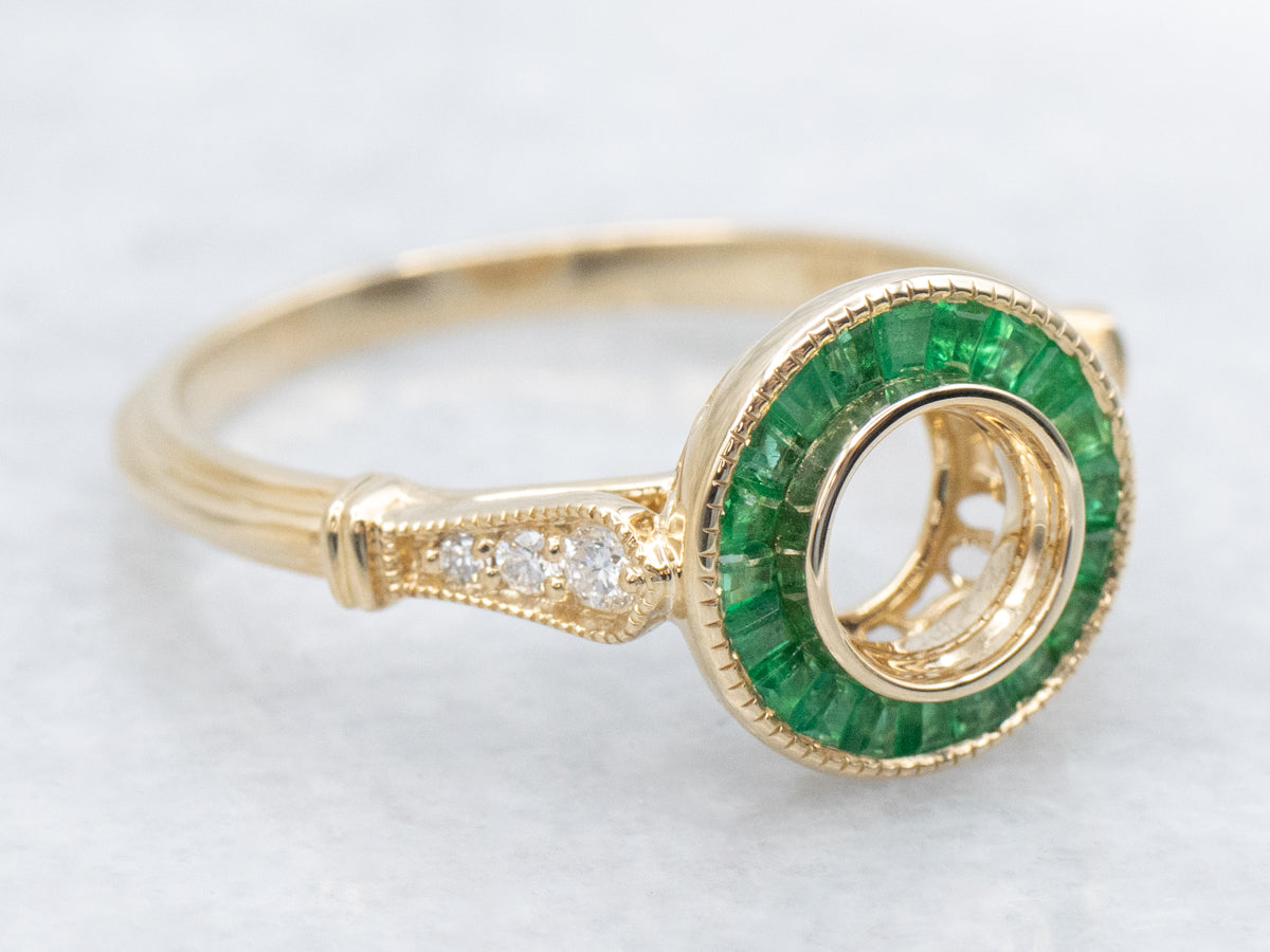 The Fairway Emerald and Diamond Halo Semi-Mount Ring