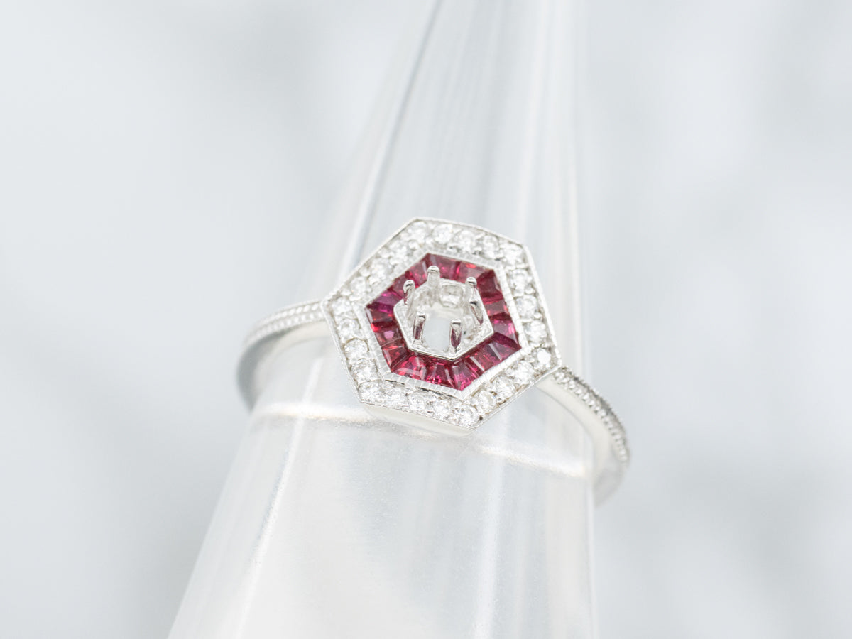 The Winslow Ruby and Diamond Halo Semi-Mount Ring
