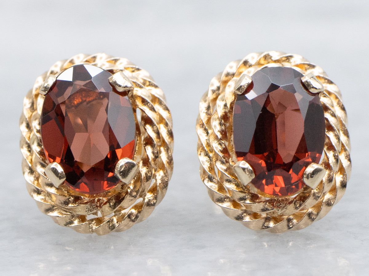 Orange Garnet Yellow Gold Stud Earrings with Rope Twist Setting