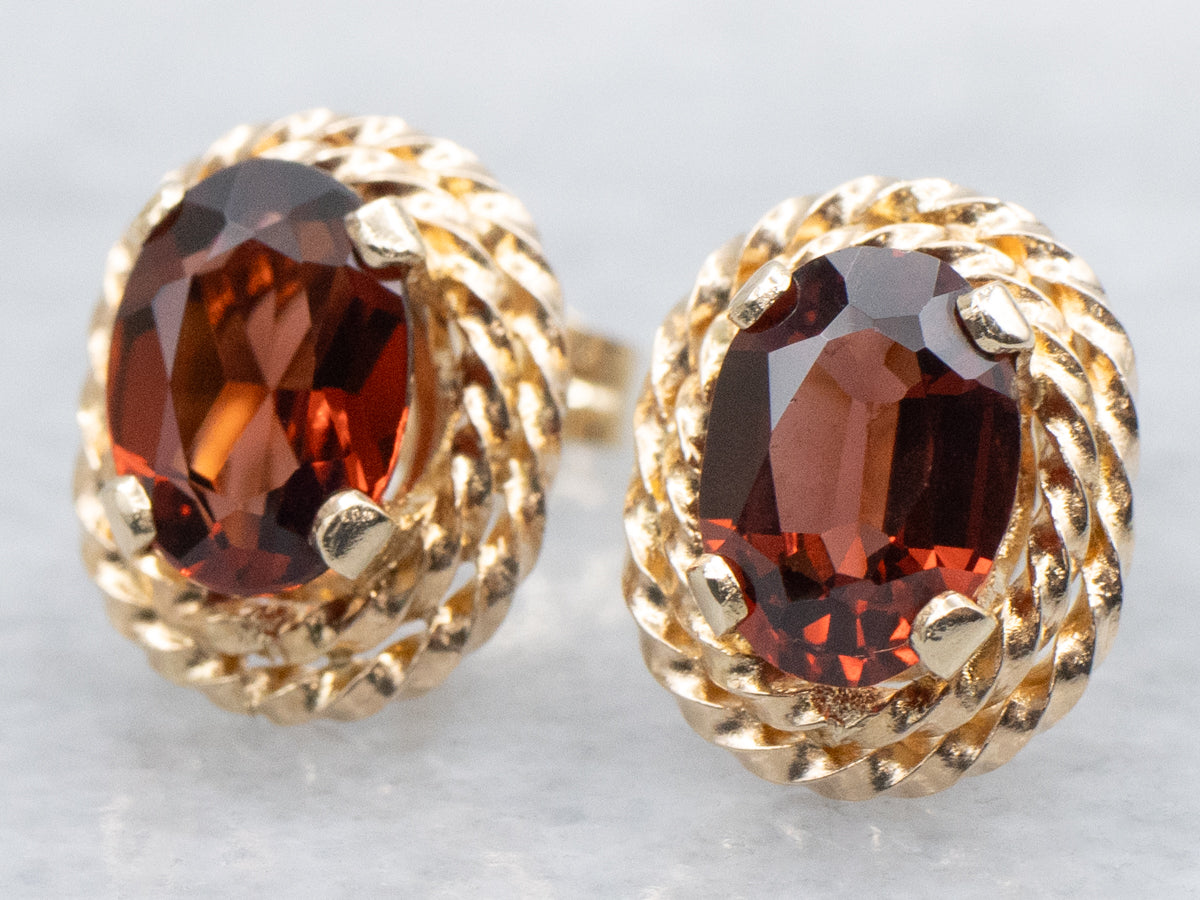 Orange Garnet Yellow Gold Stud Earrings with Rope Twist Setting