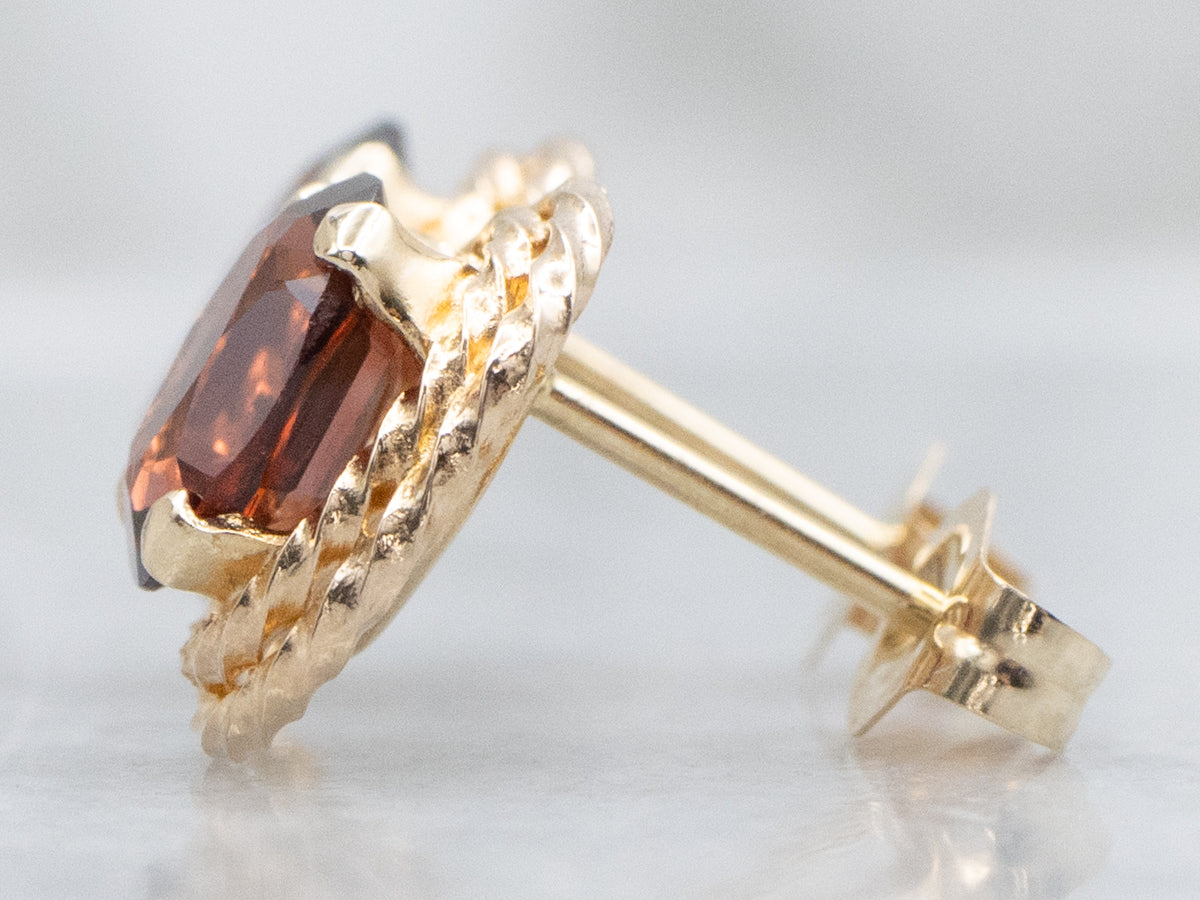 Orange Garnet Yellow Gold Stud Earrings with Rope Twist Setting