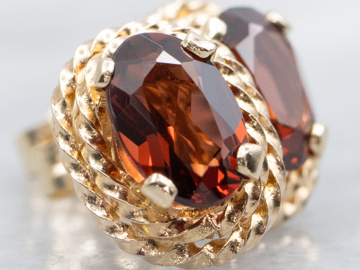 Orange Garnet Yellow Gold Stud Earrings with Rope Twist Setting
