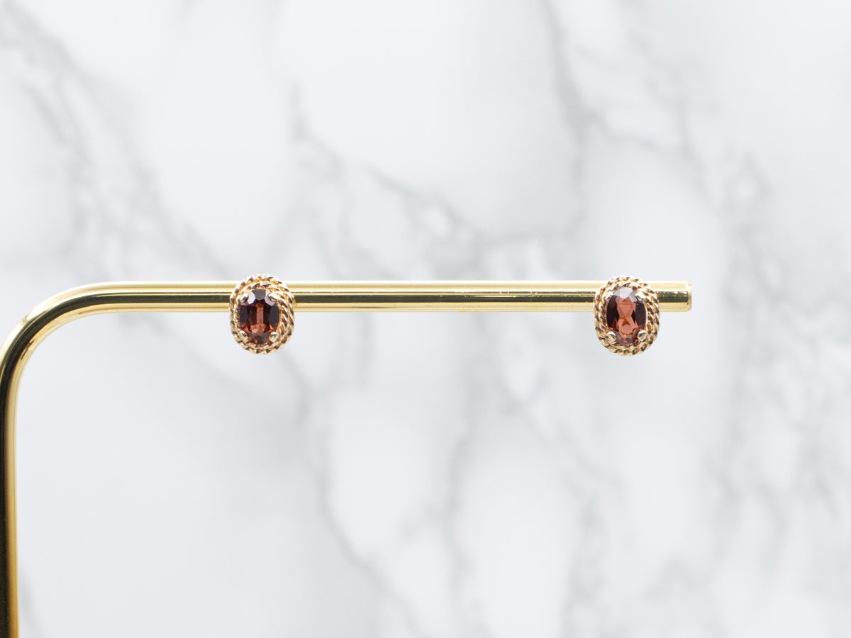 Orange Garnet Yellow Gold Stud Earrings with Rope Twist Setting