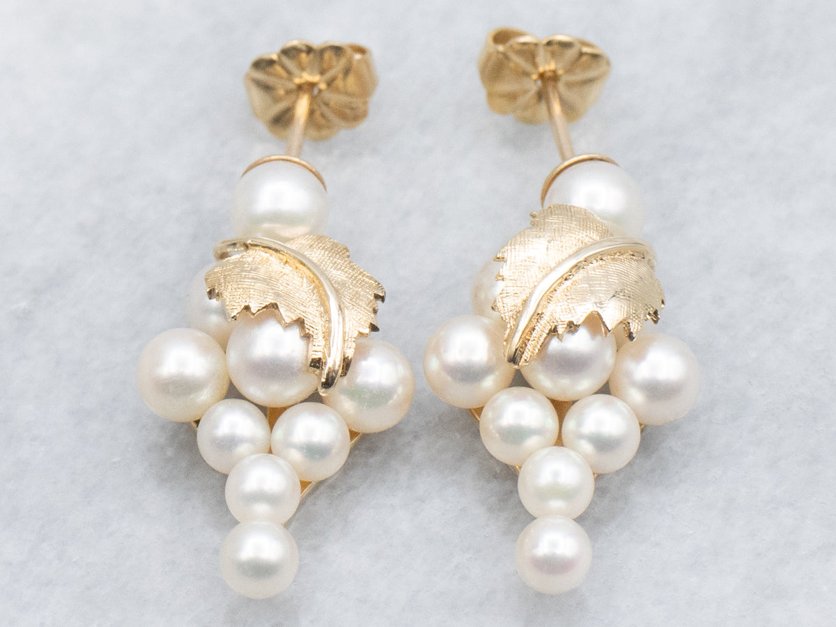 Vintage Gold Pearl Grape-Bunch Drop Earrings