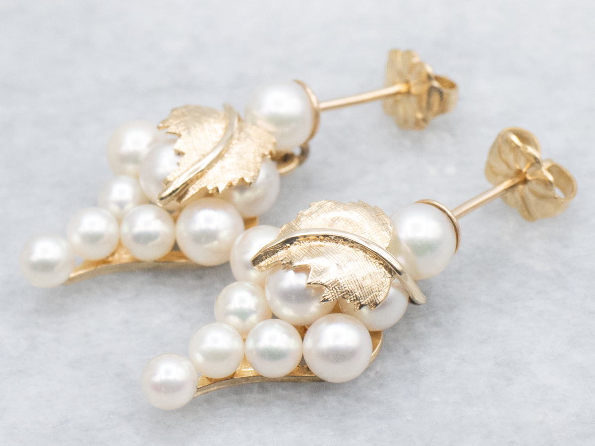 Vintage Gold Pearl Grape-Bunch Drop Earrings