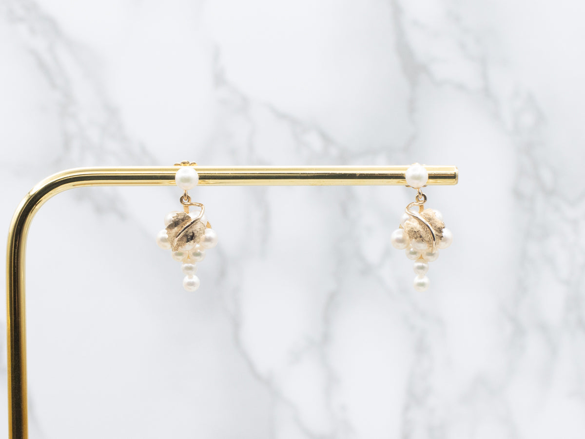 Vintage Gold Pearl Grape-Bunch Drop Earrings