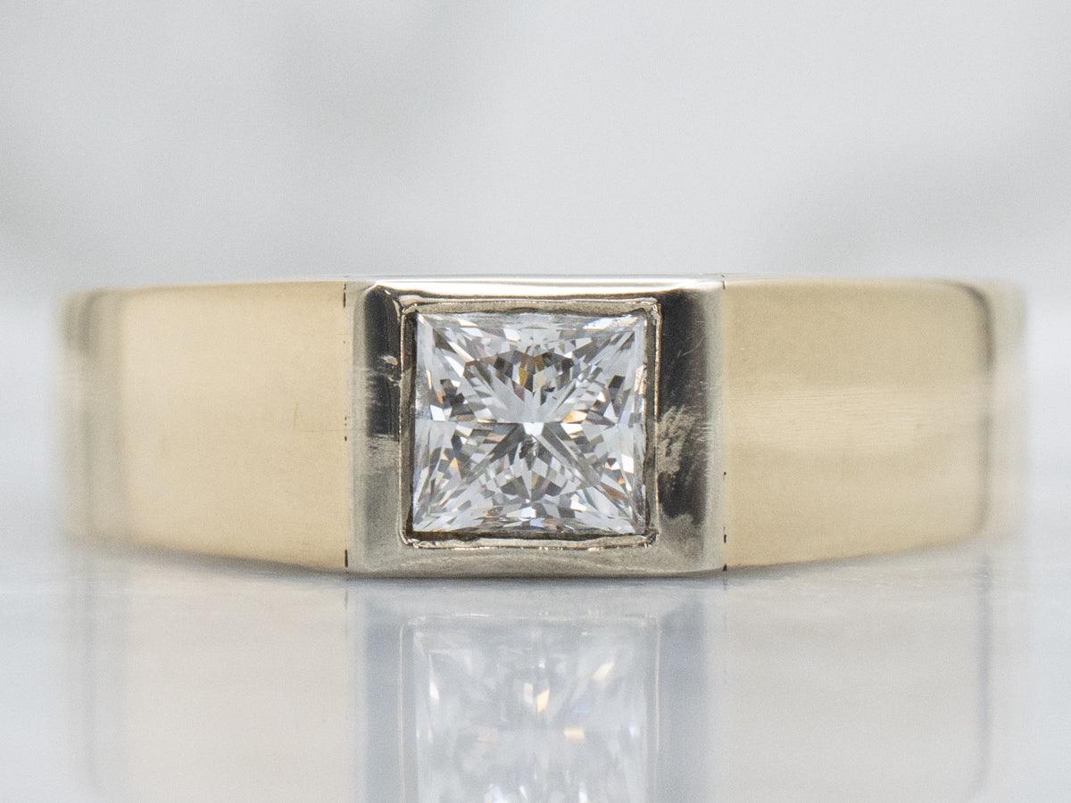 Men's Minimalist Vintage Solitaire Ring with Square Cut Diamond