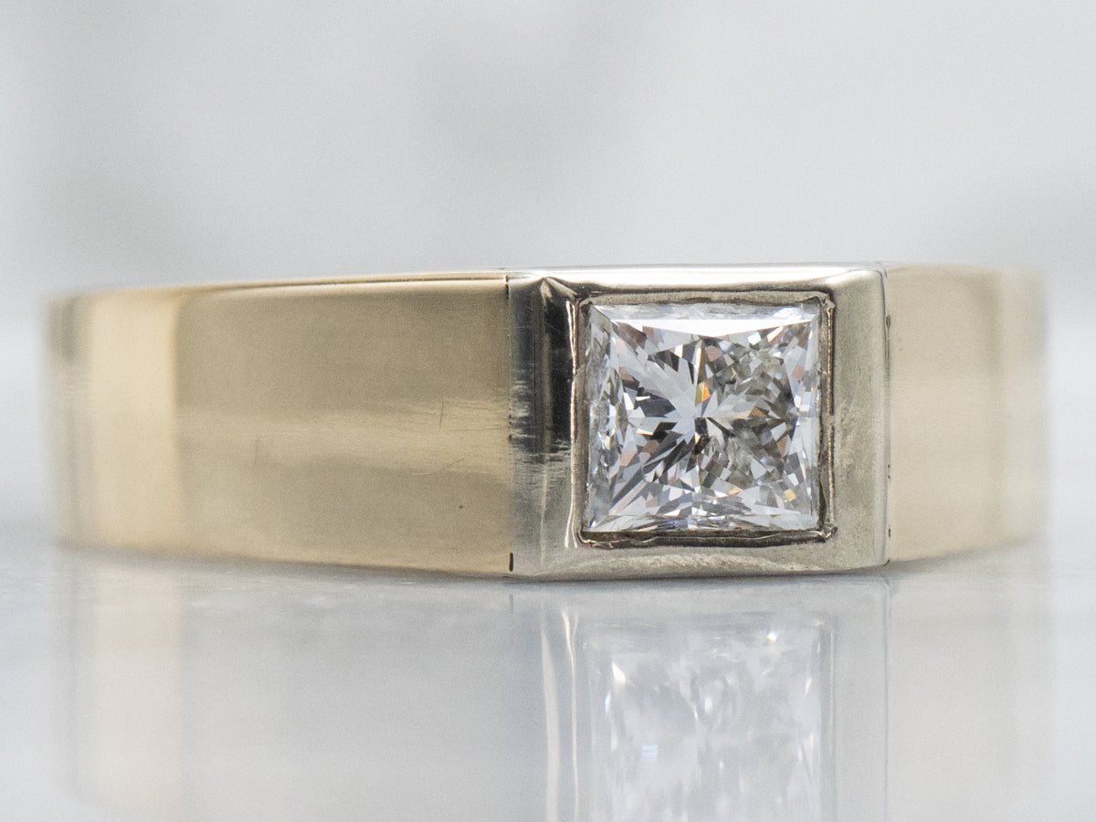 Men's Minimalist Vintage Solitaire Ring with Square Cut Diamond