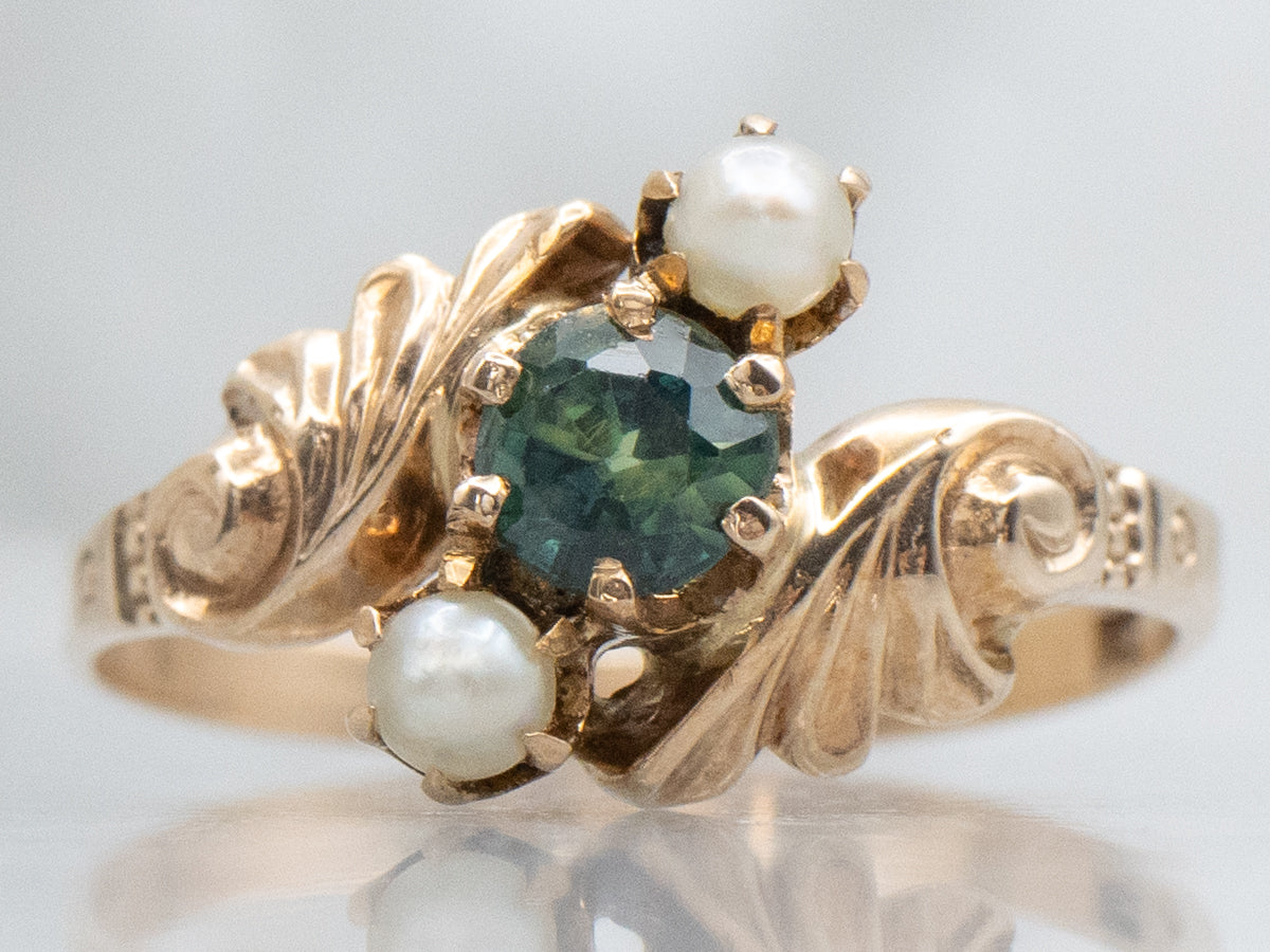 Victorian-Era Green Sapphire and Pearl Flourish Bypass Ring