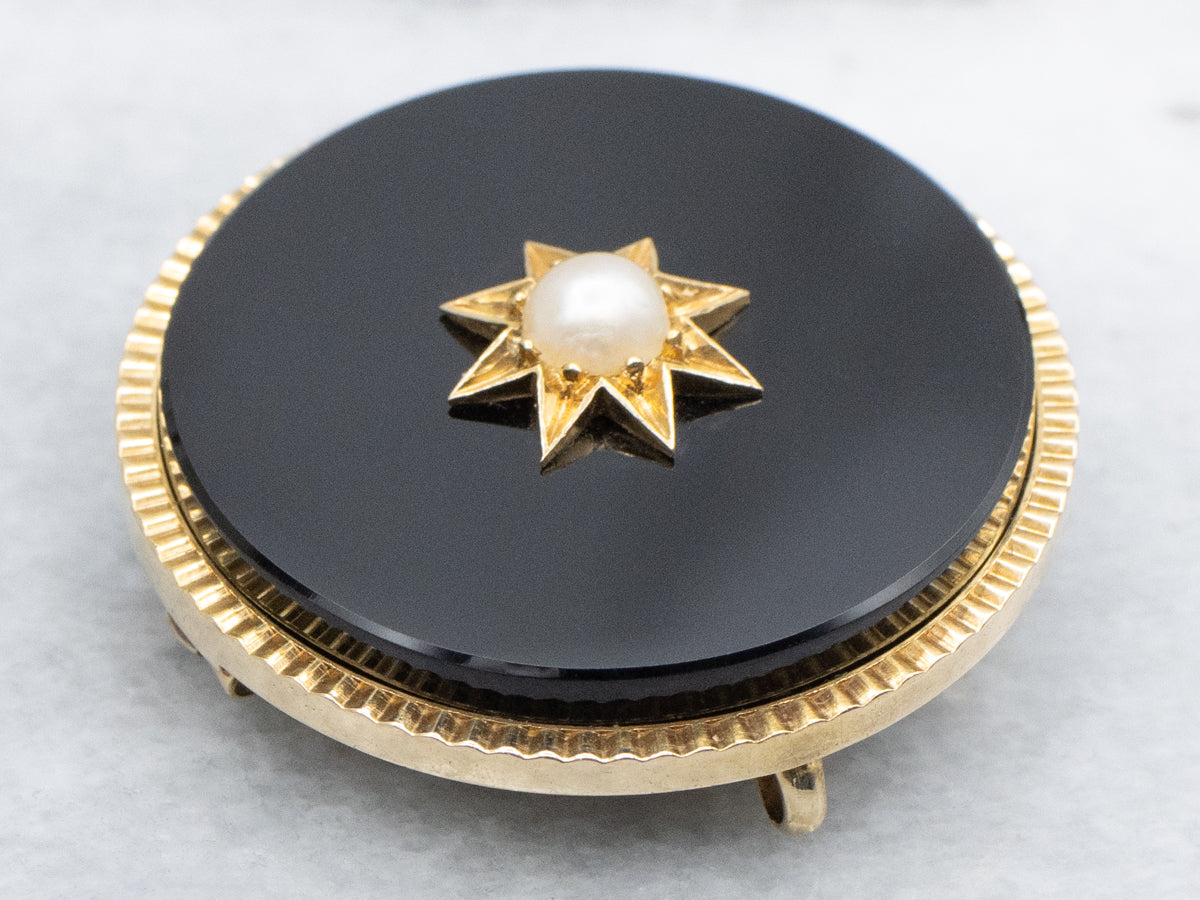 Victorian Mourning Onyx and Pearl Starburst Lapel Watch Brooch