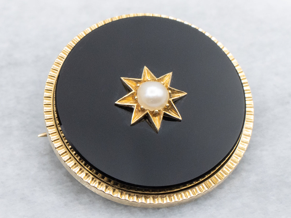 Victorian Mourning Onyx and Pearl Starburst Lapel Watch Brooch