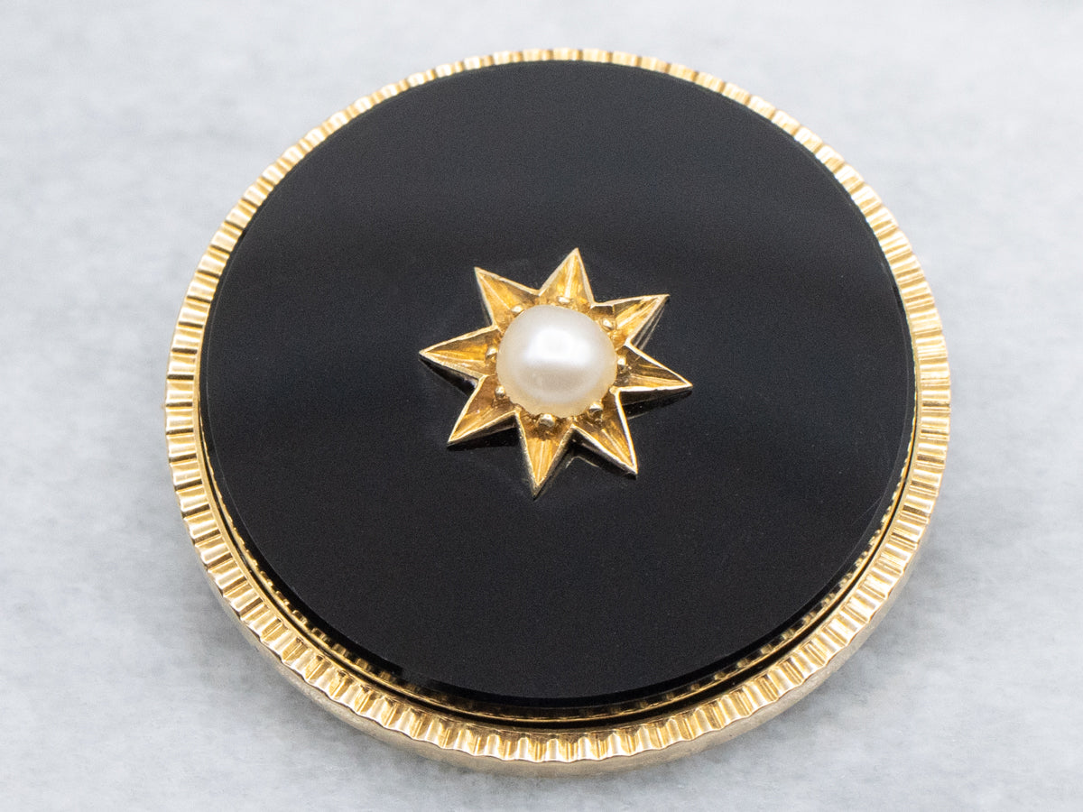 Victorian Mourning Onyx and Pearl Starburst Lapel Watch Brooch