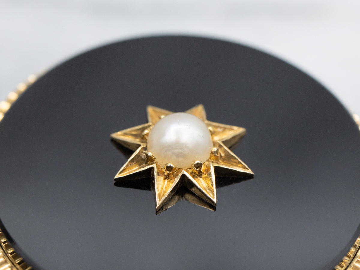 Victorian Mourning Onyx and Pearl Starburst Lapel Watch Brooch