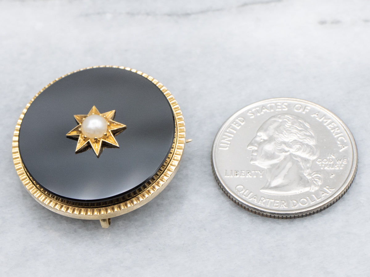 Victorian Mourning Onyx and Pearl Starburst Lapel Watch Brooch