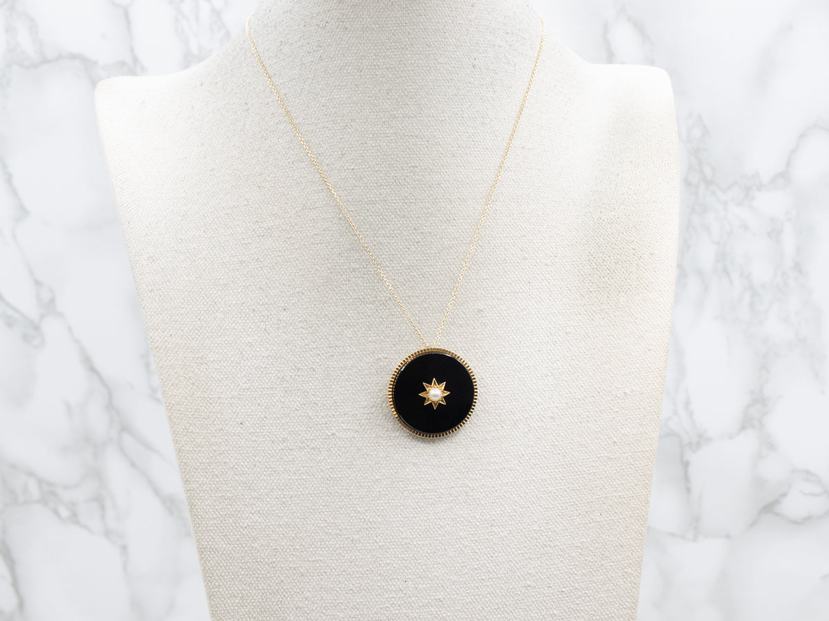 Victorian Mourning Onyx and Pearl Starburst Lapel Watch Brooch
