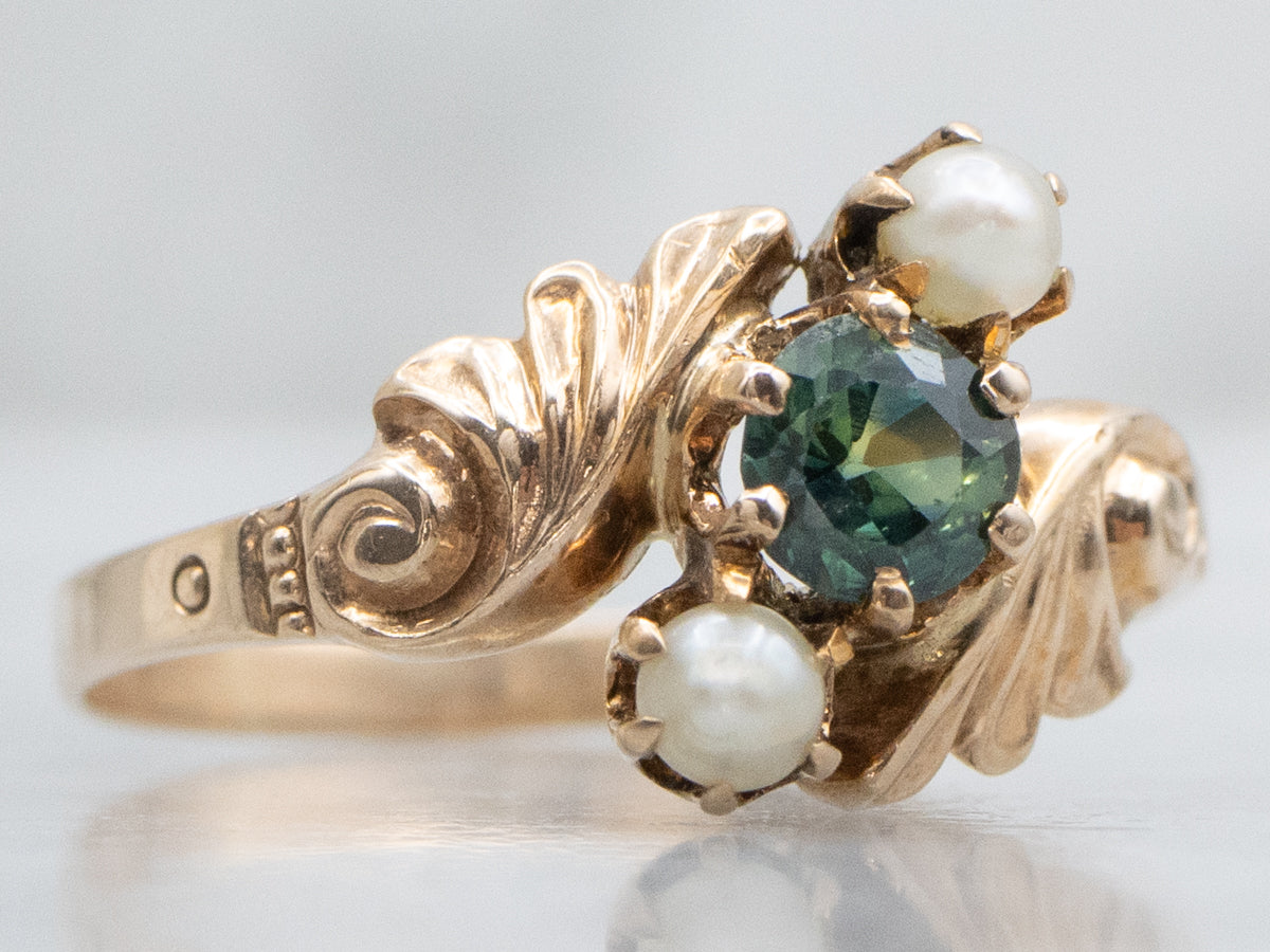 Victorian-Era Green Sapphire and Pearl Flourish Bypass Ring