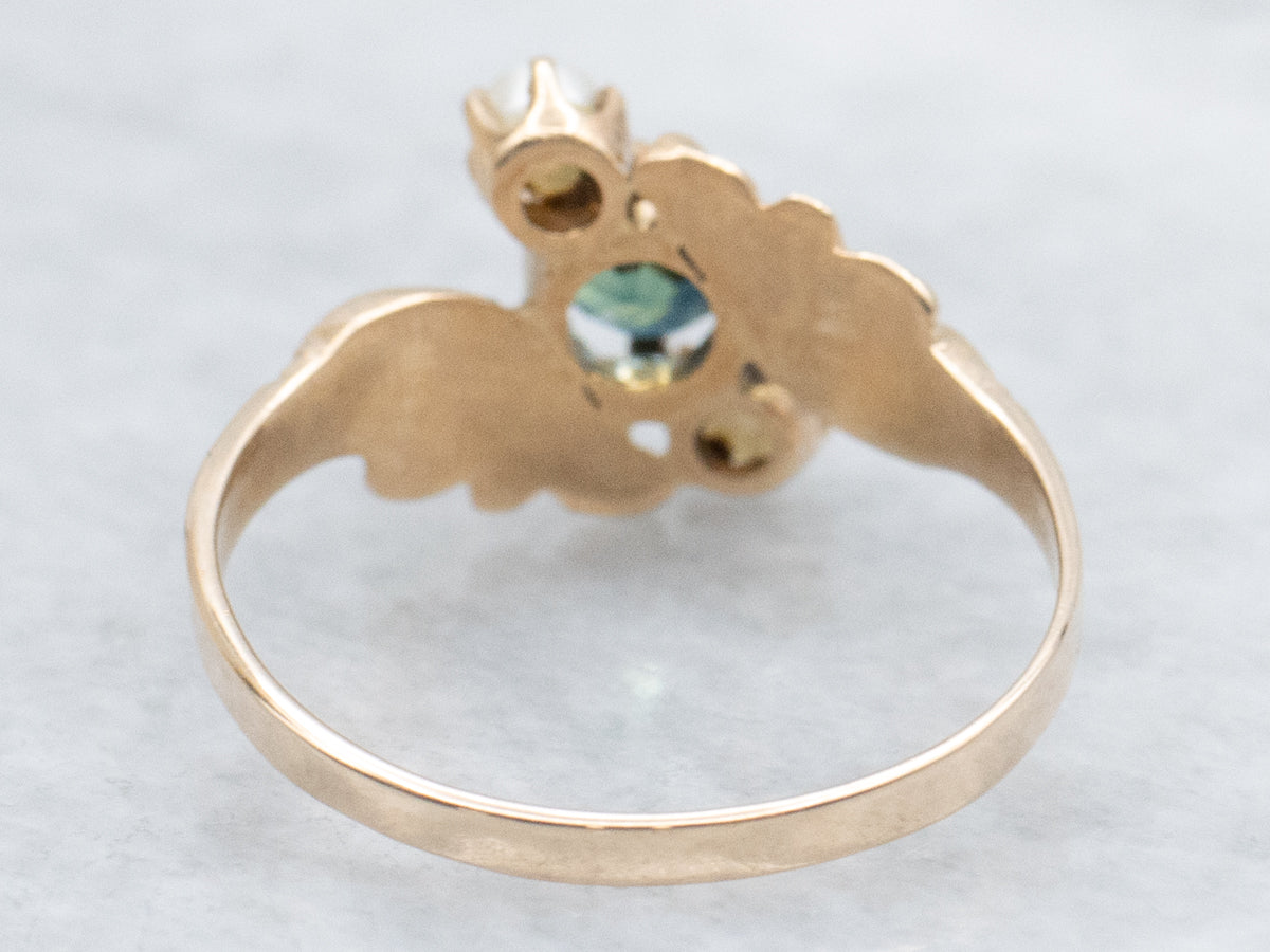 Victorian-Era Green Sapphire and Pearl Flourish Bypass Ring