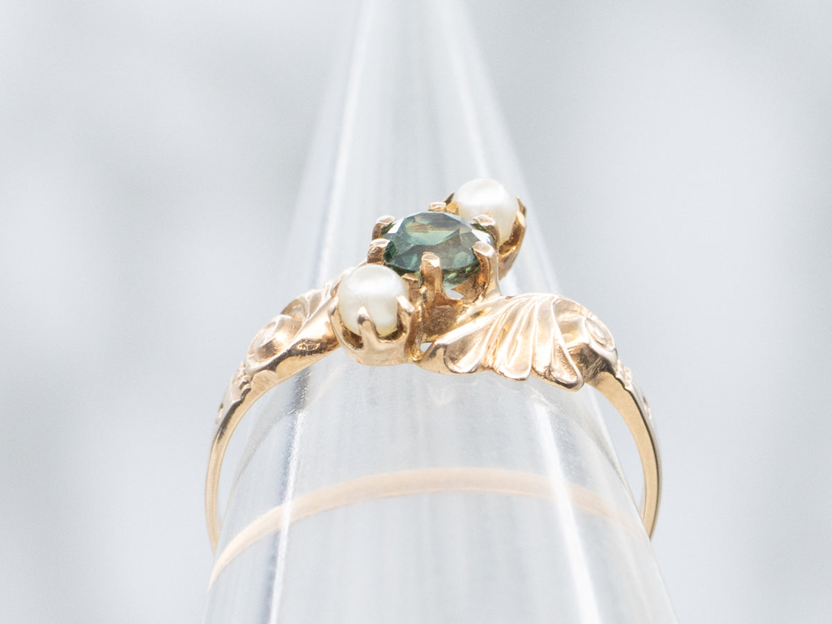 Victorian-Era Green Sapphire and Pearl Flourish Bypass Ring