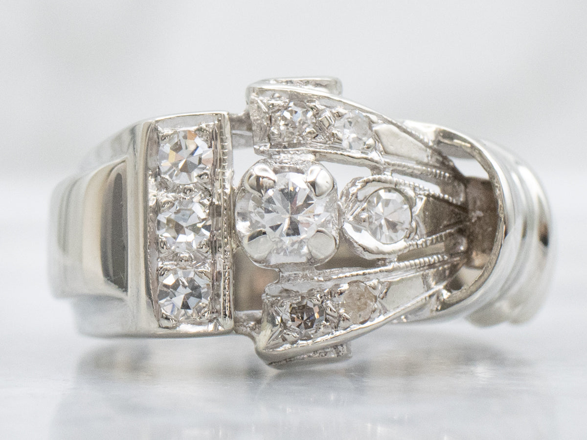 14K White Gold Vintage 1940's Asymmetrical "Tank" Style Diamond Ring