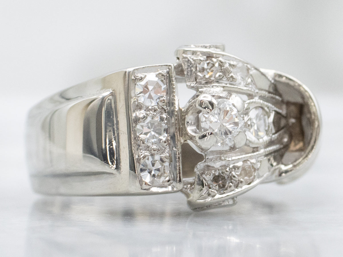 14K White Gold Vintage 1940's Asymmetrical "Tank" Style Diamond Ring