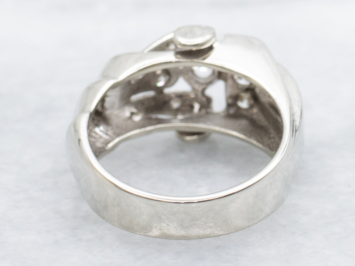 14K White Gold Vintage 1940's Asymmetrical "Tank" Style Diamond Ring