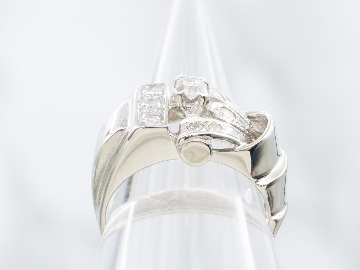 14K White Gold Vintage 1940's Asymmetrical "Tank" Style Diamond Ring