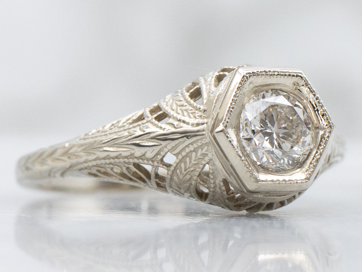 Diamond Late Art Deco-Era White Gold Filigree Solitaire Ring