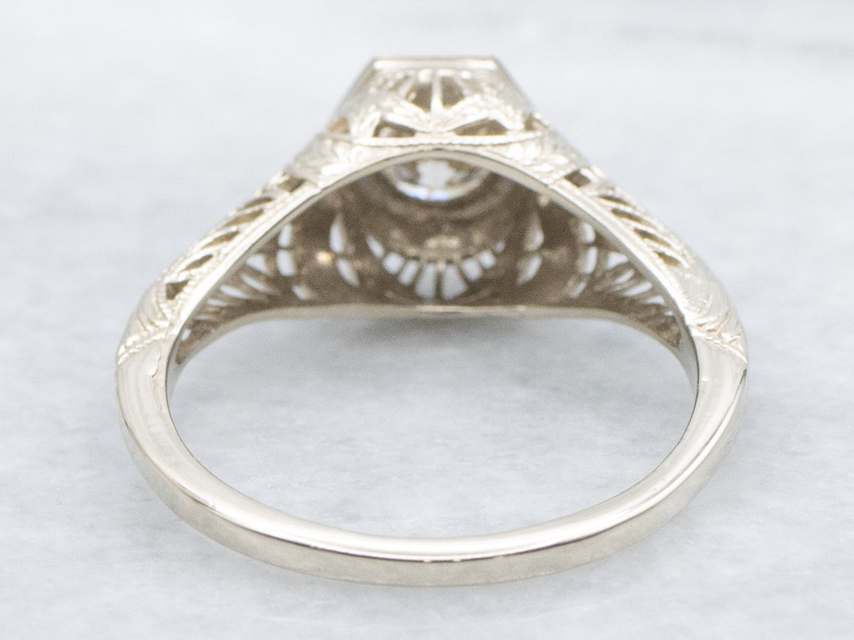 Diamond Late Art Deco-Era White Gold Filigree Solitaire Ring